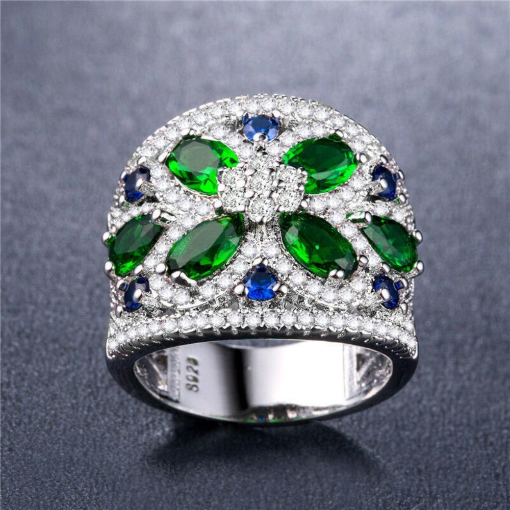 Gorgeous 925 Silver  Emerald & Sapphire Ring New - Picture 5 of 5